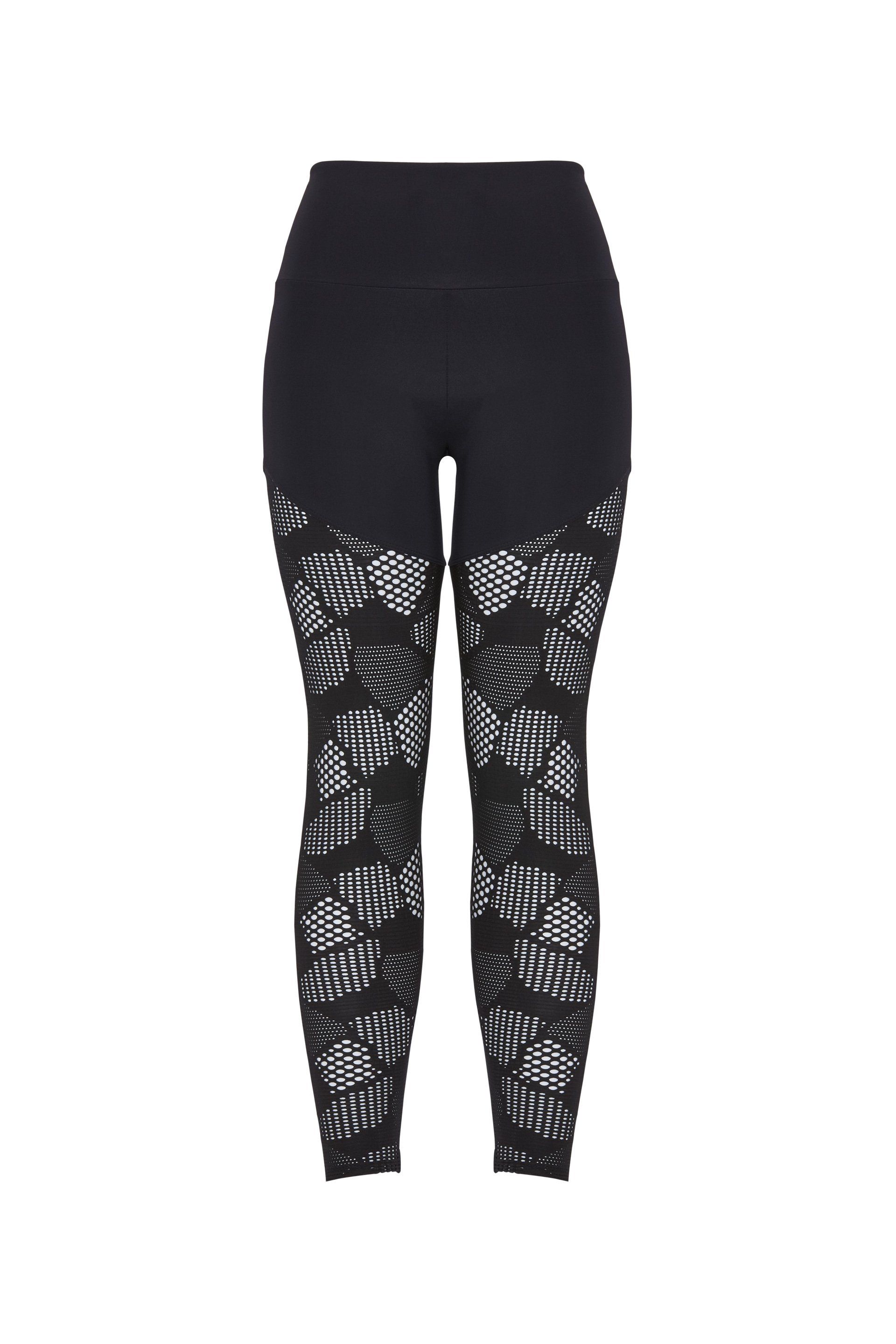 A pair of black lace leggings on a white background.