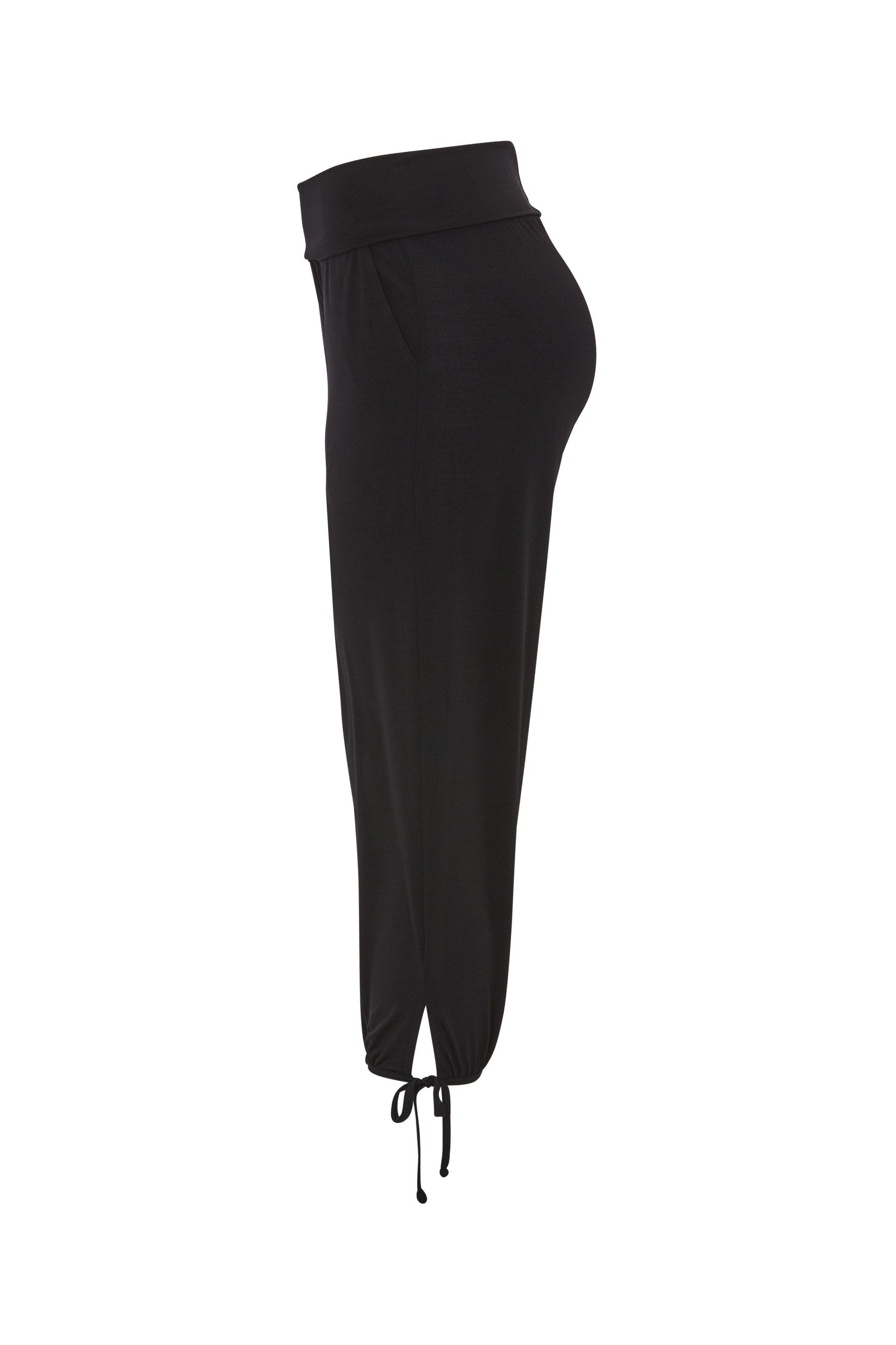 A pair of black pants with a drawstring on the side on a white background.