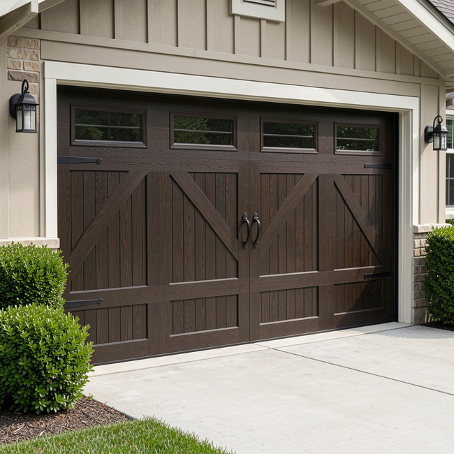 Brown double garage door with black handles on a beige house exterior, framed by shrubs and a concrete driveway