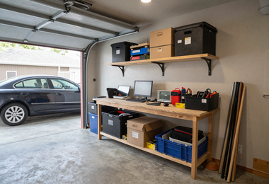Garage interior with parked black car, workbench, shelves, and storage bins