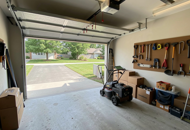 Open garage with lawn mower, tools on pegboard, and driveway view outside.