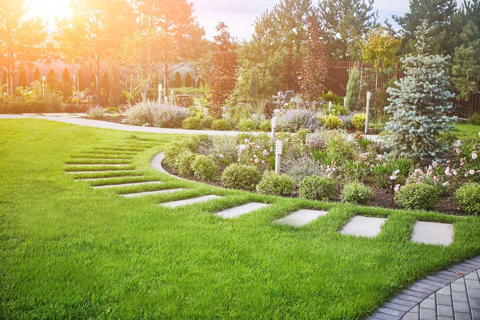 Lush green lawn with stone stepping stones curving towards a garden with diverse plants, trees, and bright sunlight.