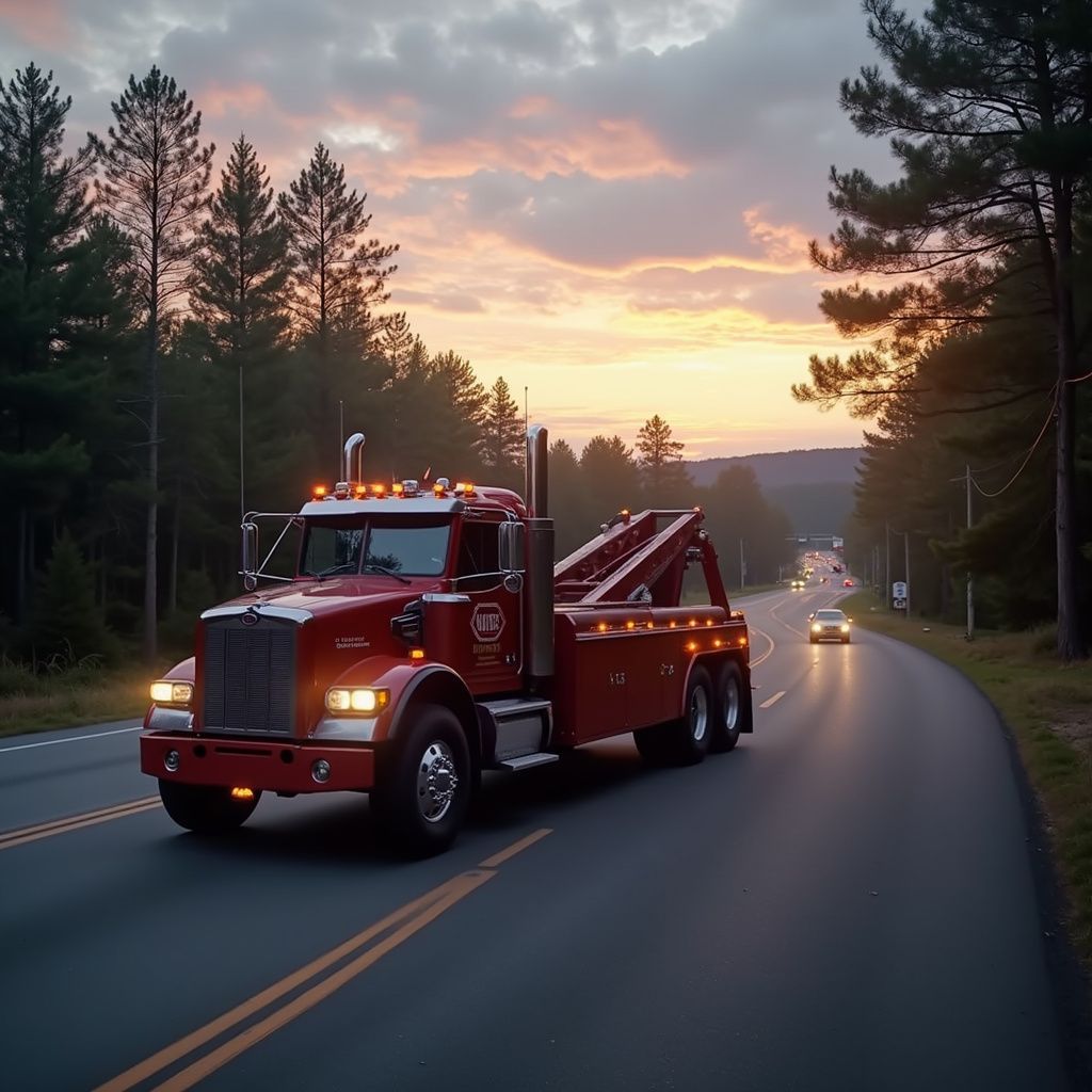 Red tow truck driving on a road at sunset, trees line the sides.