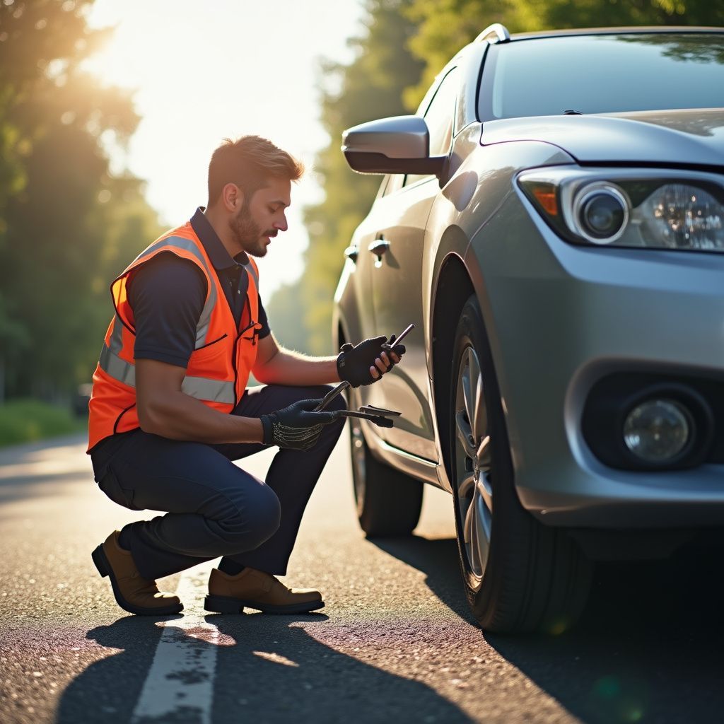 Man in safety vest checks tire on silver car on roadside.