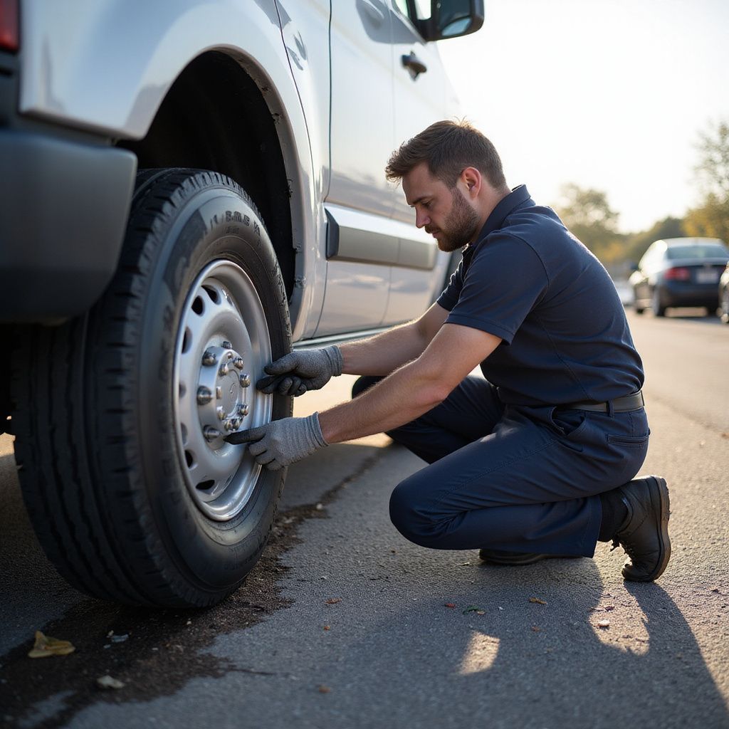 A person crouches, using a wrench to remove a tire from a white van on a paved road.