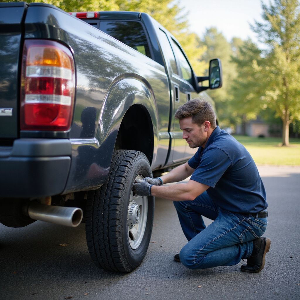 Man changing a truck tire on a paved road; he is kneeling, wearing blue shirt and jeans.