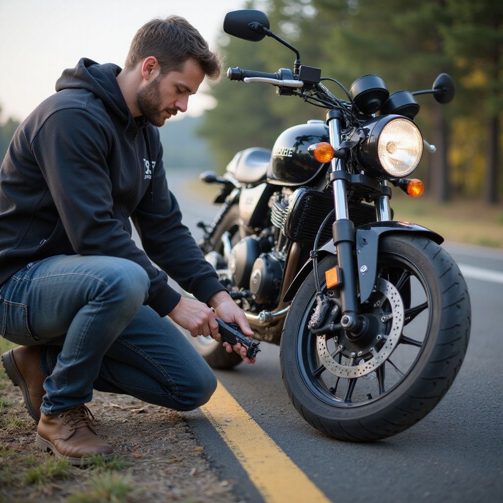 Man kneeling by a black motorcycle on a road, fixing a tire.