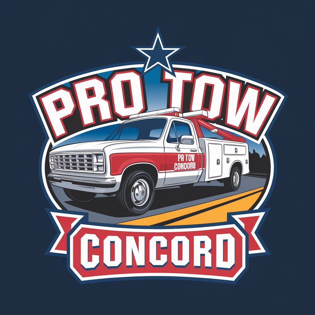 Pro Tow Concord logo featuring a tow truck, star, and banner on a dark blue background.