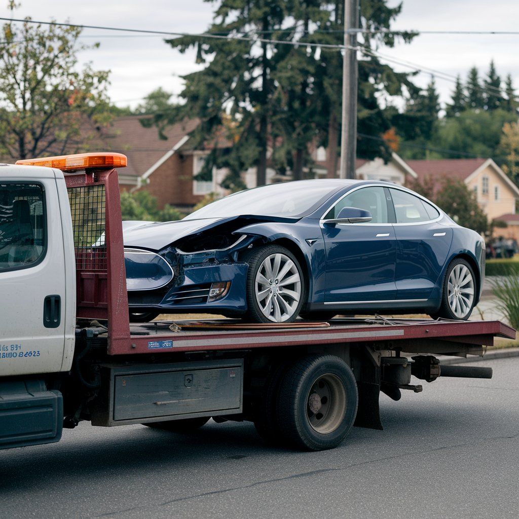 Blue Tesla with front-end damage being towed on a flatbed truck on a residential street.