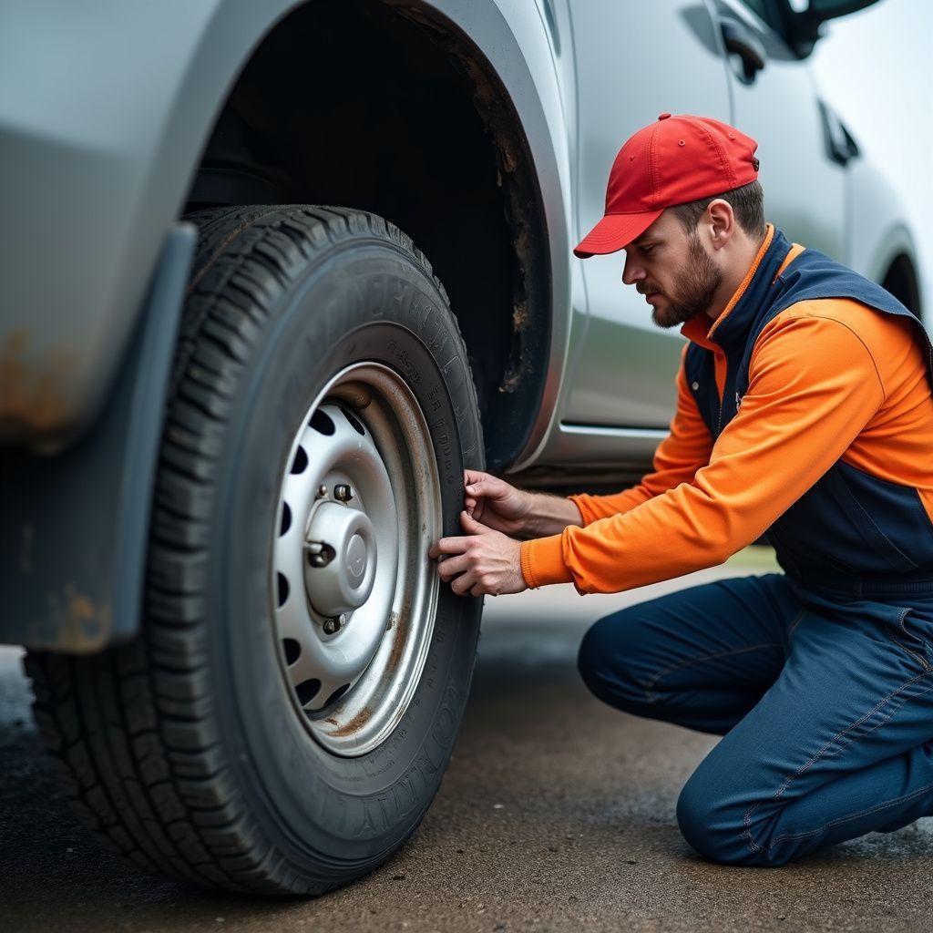 Mechanic checking tire pressure on a gray truck; orange shirt, navy vest, red cap.