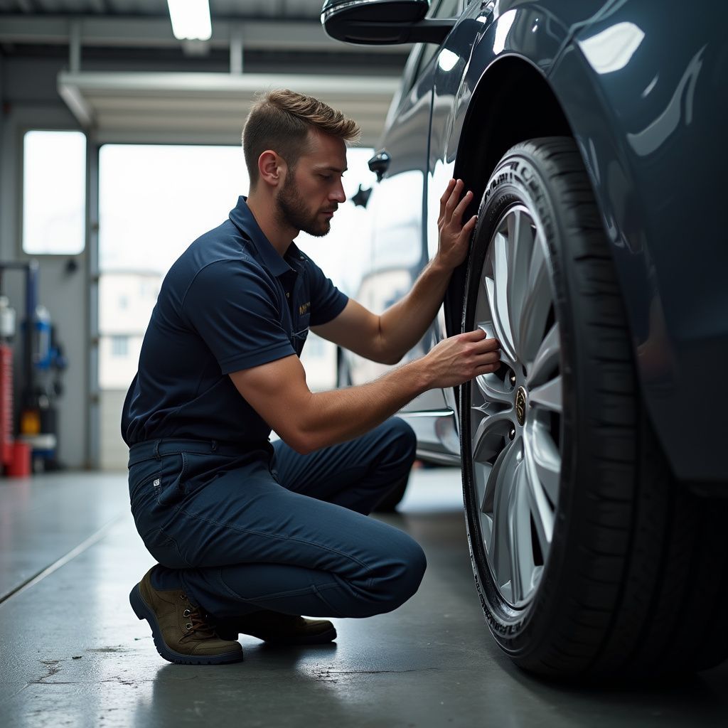 Mechanic in blue uniform inspects car tire in a garage.