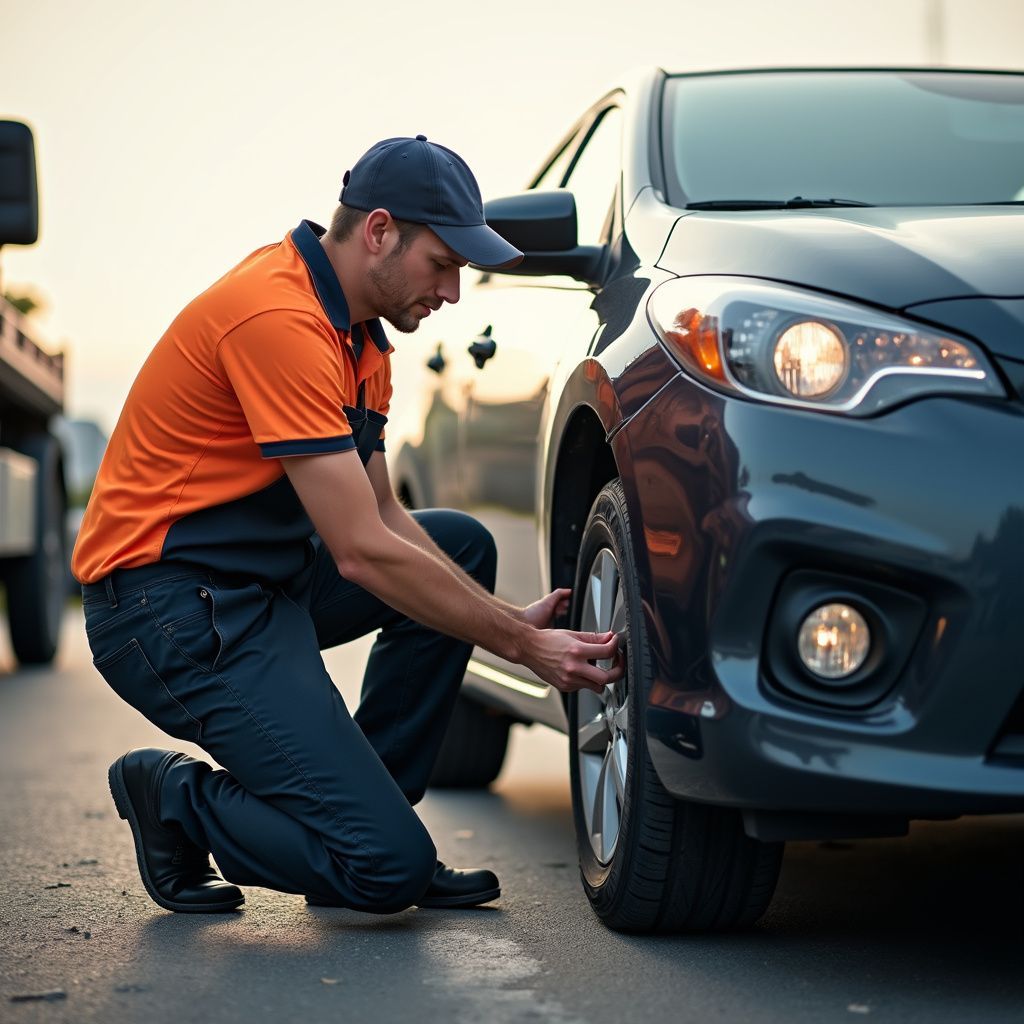 A person in an orange shirt is changing a tire on a dark-colored car on a road.
