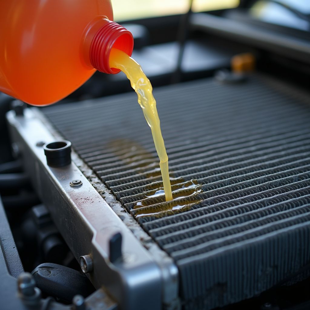 Coolant being poured into a car radiator from an orange bottle.
