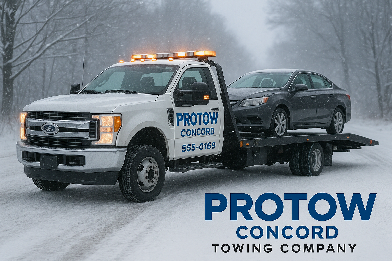 Tow truck towing a car on a snowy road. Truck is white, and car is gray.