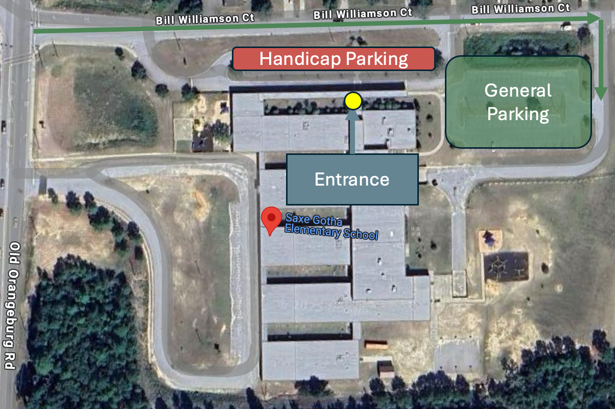 Red Bank Fellowship Church parking map at our location at Saxe Gotha Elementary School.