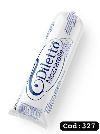 Paquete de queso mozzarella Dietto blanco con texto y logotipo azules, mostrado en diagonal sobre un fondo blanco.