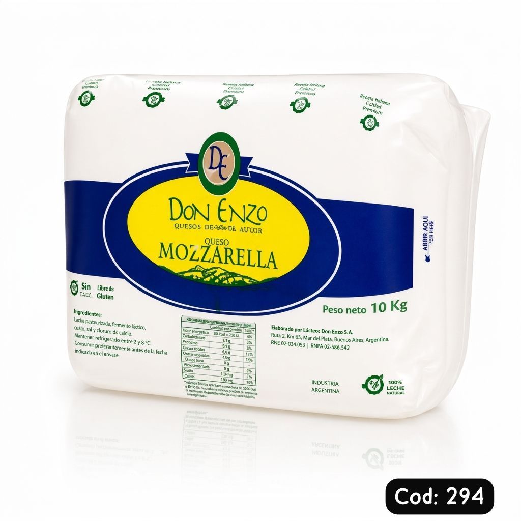 Paquete de mozzarella Don Enzo blanca de 10 kg con etiqueta azul y amarilla sobre fondo blanco.