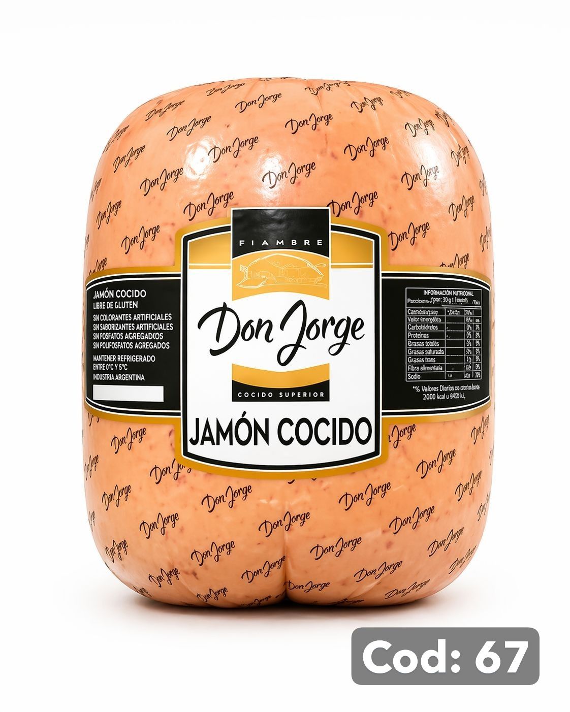 Paquete de jamón cocido Don Jorge con etiqueta negra y texto blanco sobre un bloque de carne color melocotón.