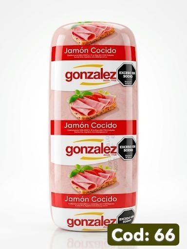 Paquete de jamón cocido González con etiqueta roja y blanca sobre fondo blanco.