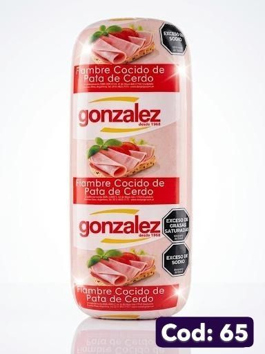 Paquete de lomo de cerdo cocido en lonchas González con etiqueta roja y blanca e imagen de sándwich.