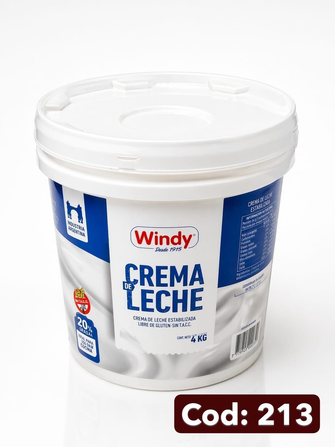 Envase de leche White Windy Crema Leche con etiqueta azul y texto rojo “Cod: 213” sobre fondo blanco.