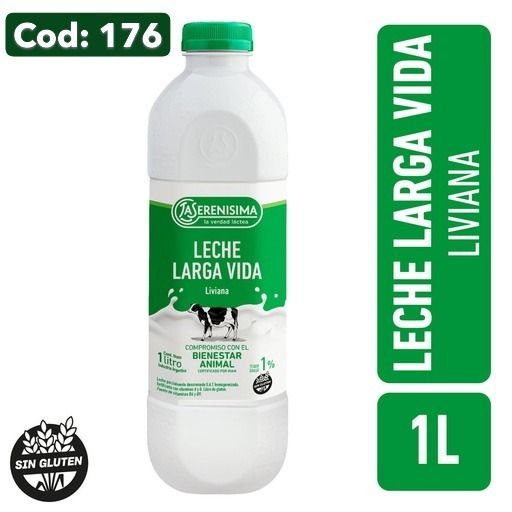 Botella de leche blanca con etiqueta verde, “Leche Larga Vida”, 1L, y el icono “Sin gluten” sobre un fondo blanco.