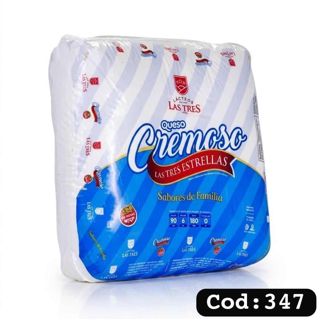 Paquete de Las Tías Queso Crema, bolsa de queso para untar blanco y azul con etiqueta del producto, código 347