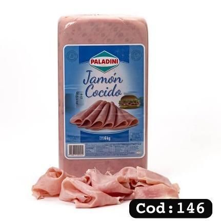 Jamón cocido Paladini envasado, con lonchas sueltas en la parte delantera, etiquetado como “Jamón Cocido”, código 146.