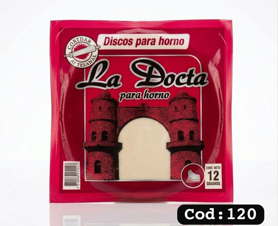 Paquete rojo de discos homeopáticos La Docta con diseño de arco negro y texto en español.