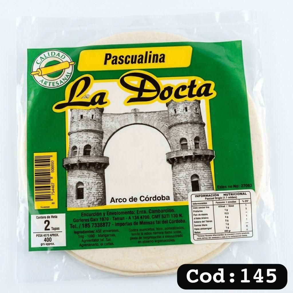 Envase verde de Pascualina La Docta con detalles gráficos y de la etiqueta del Arco de Córdoba.