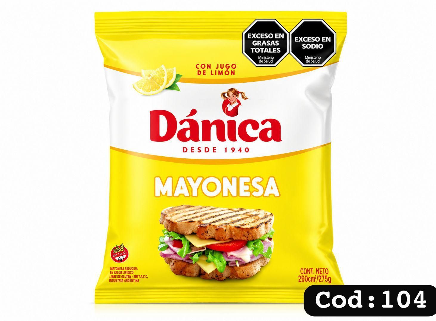 Bolsa amarilla de mayonesa Danica con ilustración de un sándwich y un limón.