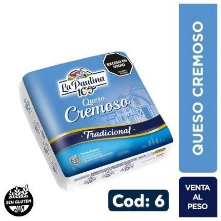 Queso cremoso La Paulina Tradicional en envase azul, con texto “Cod: 6” y “venta al peso”.