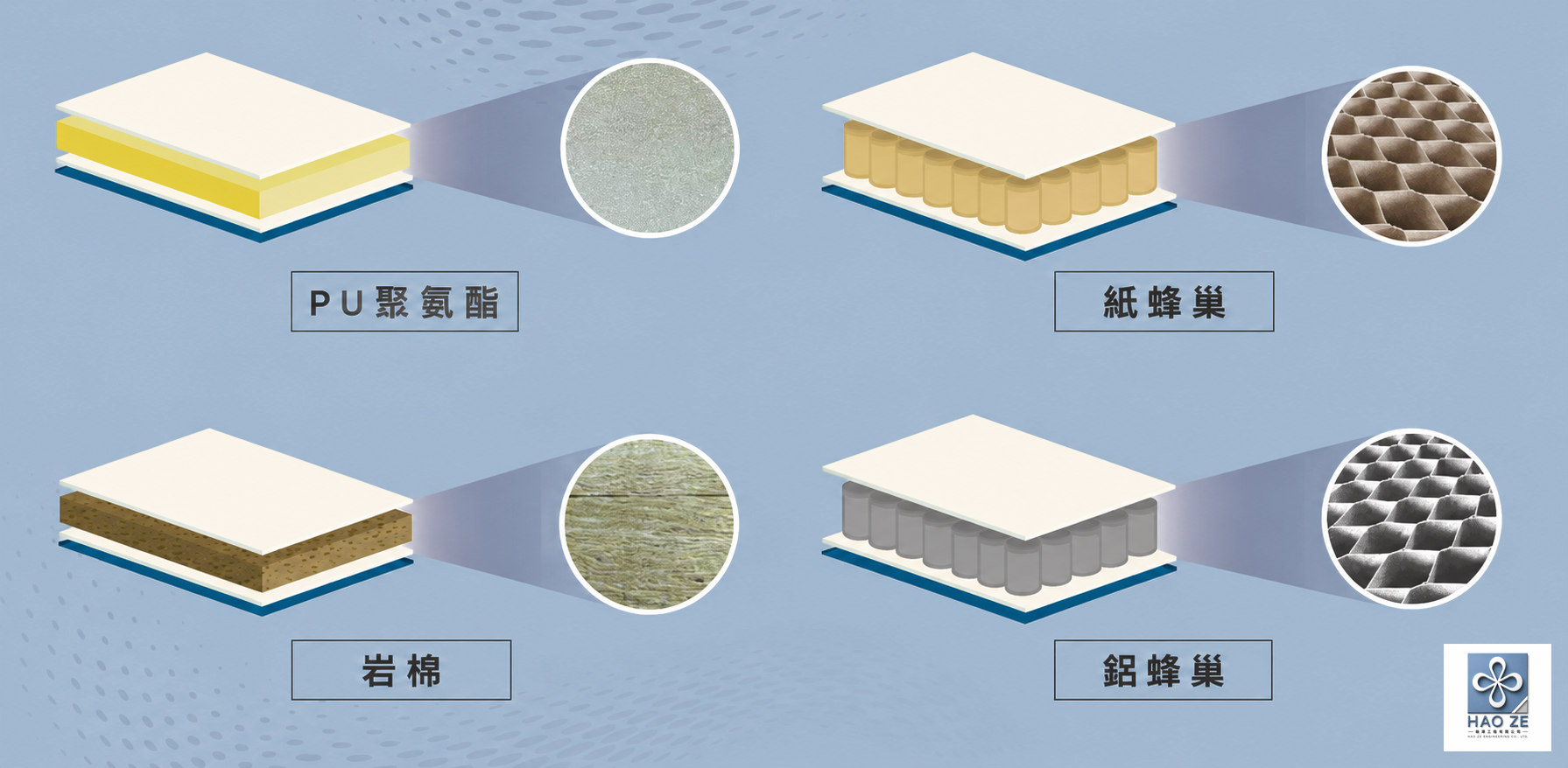 皓澤工程－庫板隔間工程－PU庫板、紙蜂巢、岩棉、鋁蜂巢材料比較圖