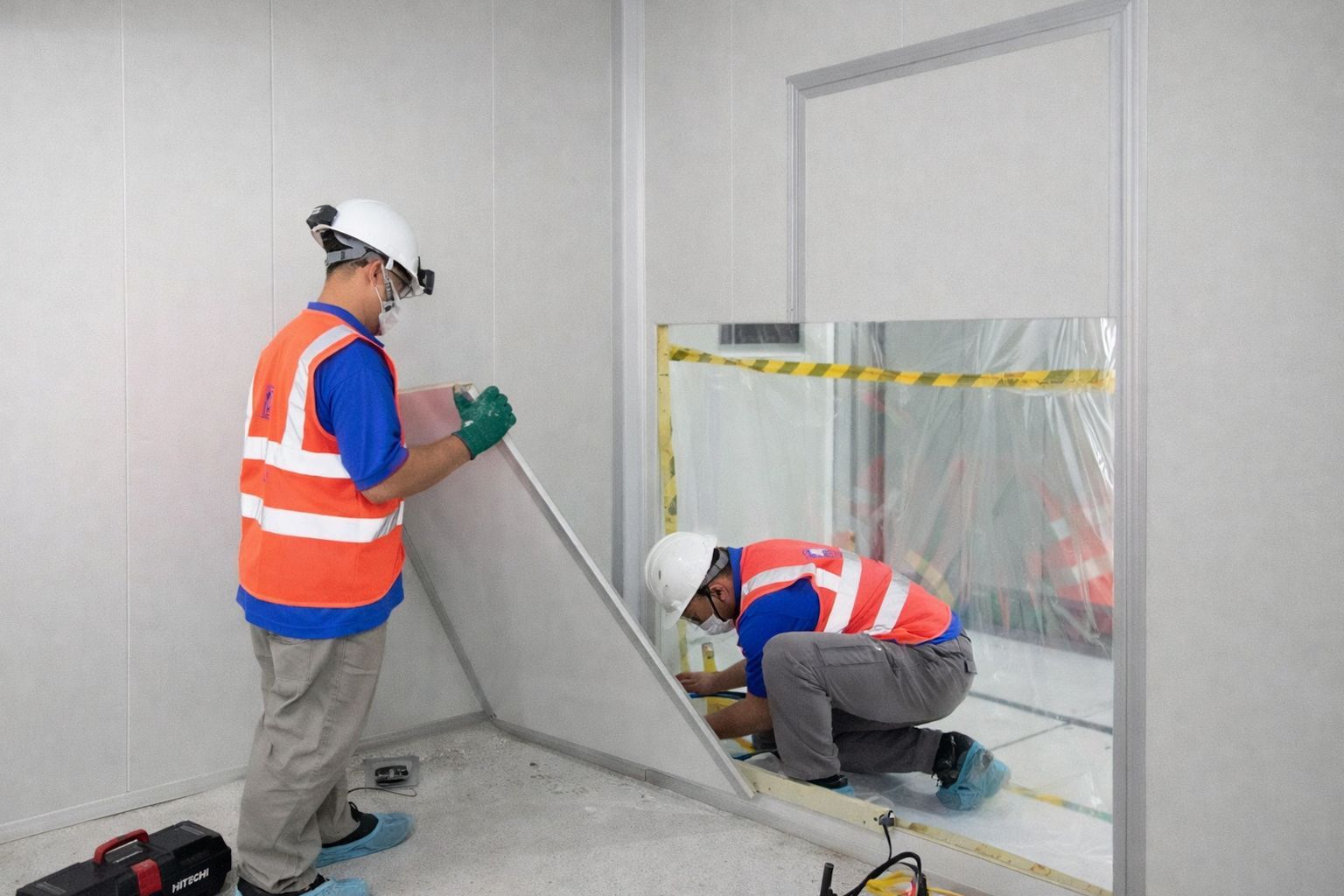 皓澤工程-無塵室傳遞箱安裝工程-施工人員安裝無塵室傳遞箱施工案例
