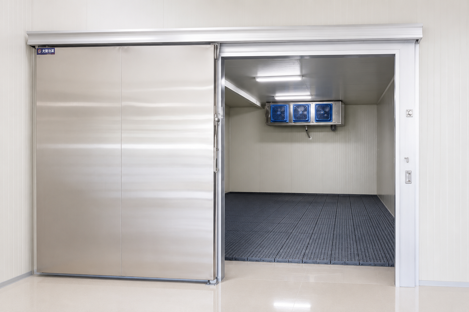 皓澤工程-冷凍庫板隔間工程|冷凍庫建置流程-不鏽鋼冷凍庫滑門與冷風機安裝完成施工案例