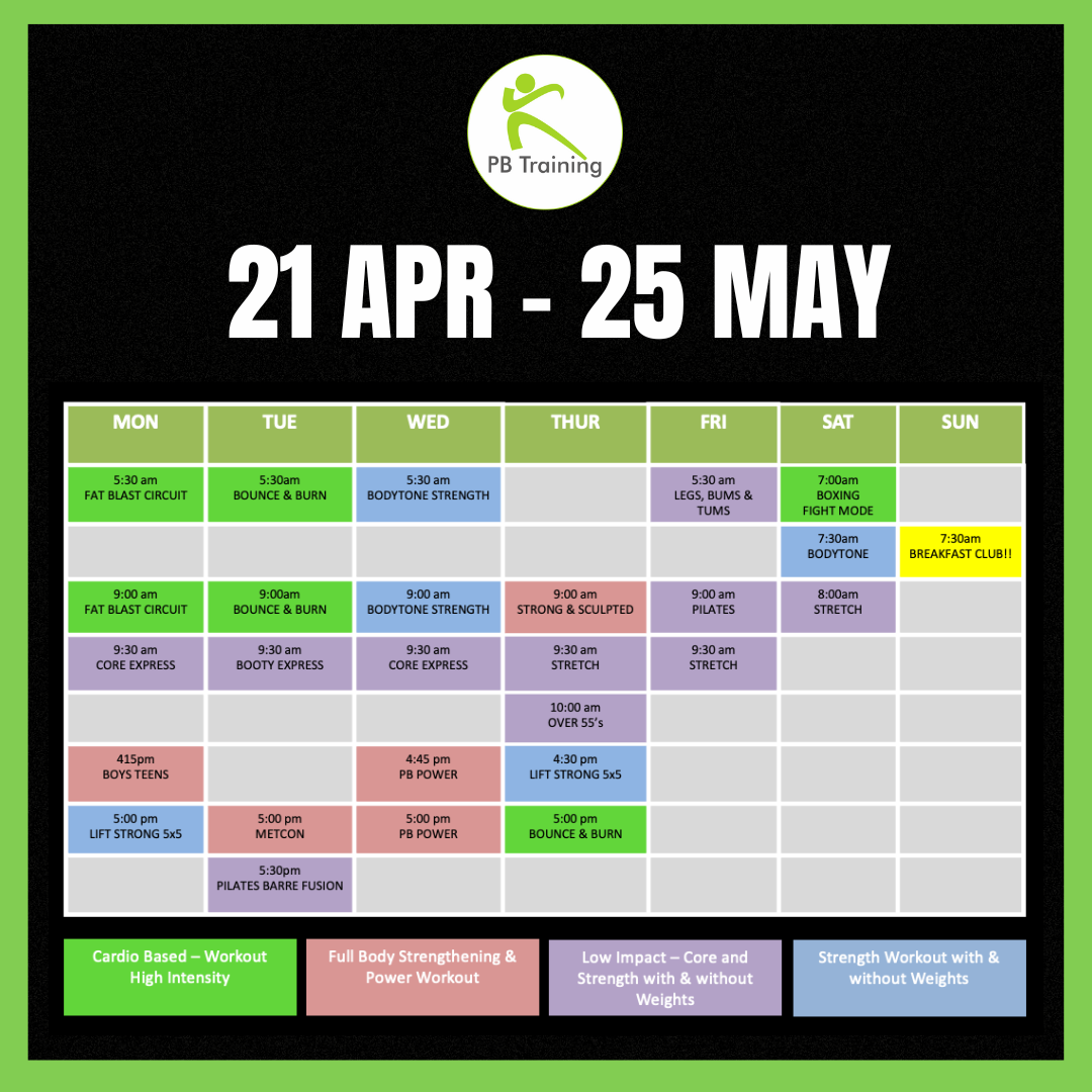 PB Training Class Timetable April 18 to May 22