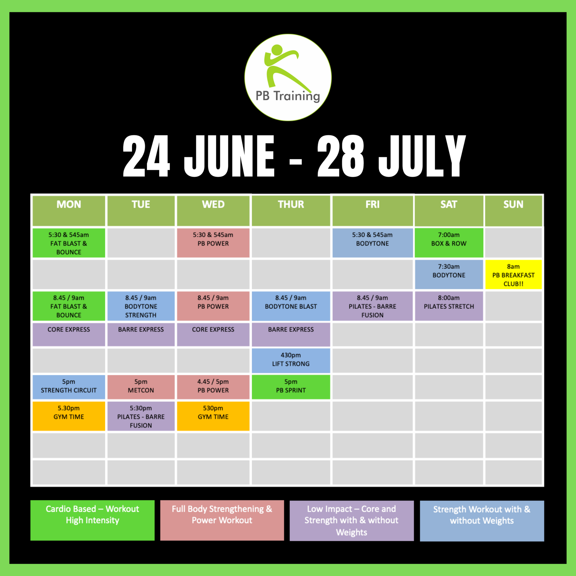 PB Training Class Timetable April 18 to May 22