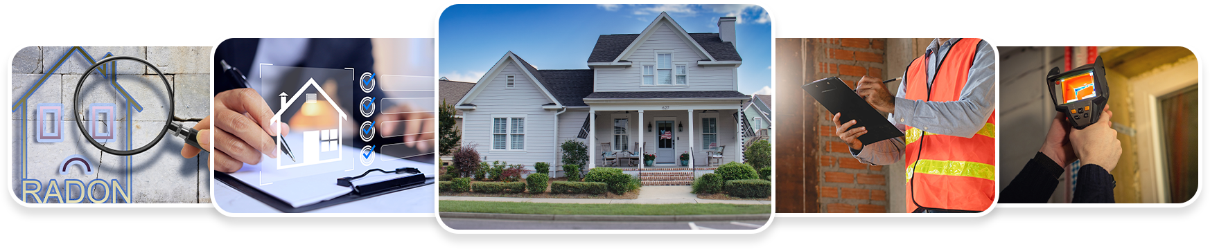 Icons depicting house inspection: blueprint, documents, home, tools, worker.