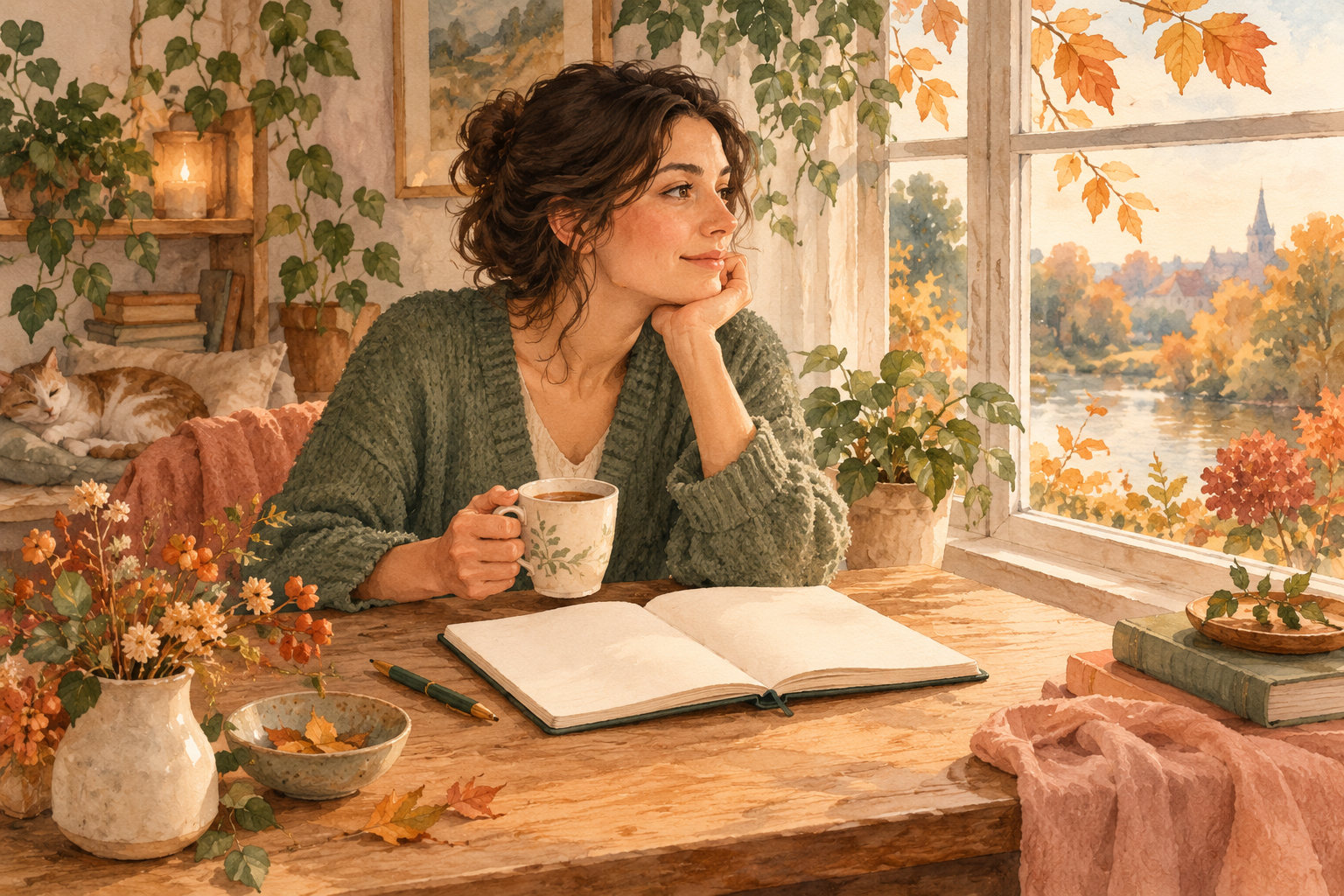 Een vrouw kijkt rustig uit het raam met een open notitieboek op tafel.