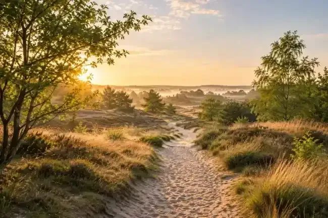 Een rustig wandelpad in warm ochtendlicht