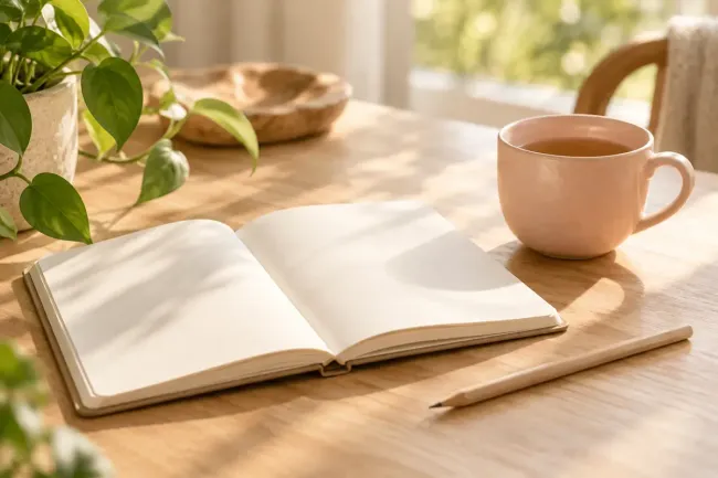 Notitieboek en thee: een rustig moment voor reflectie