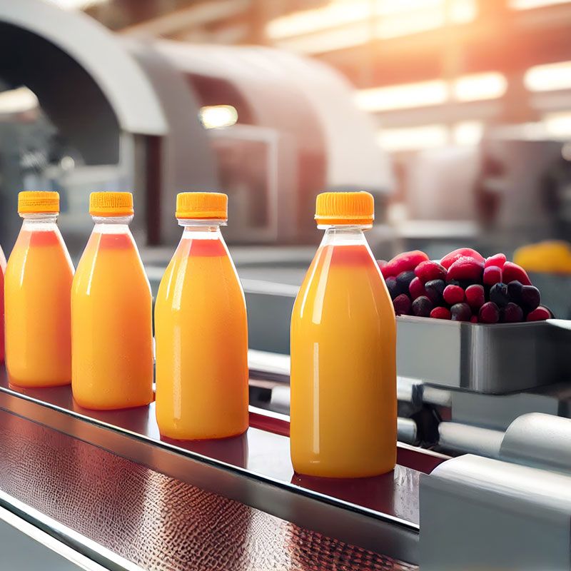 Bottles of orange juice are lined up on a conveyor belt