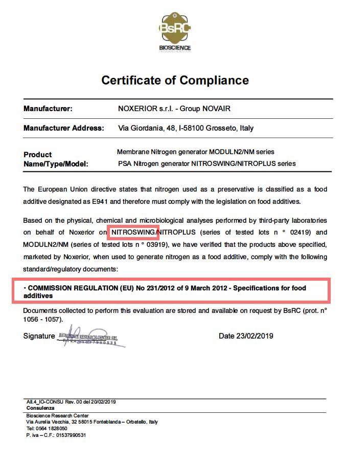 A certificate of compliance is shown on a white background.