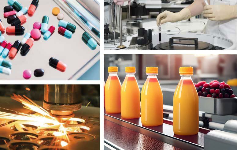 A collage of pictures of various types of chemicals and bottles of orange juice.