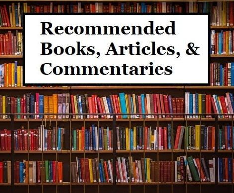 A book shelf with a sign that says recommended books articles and commentaries