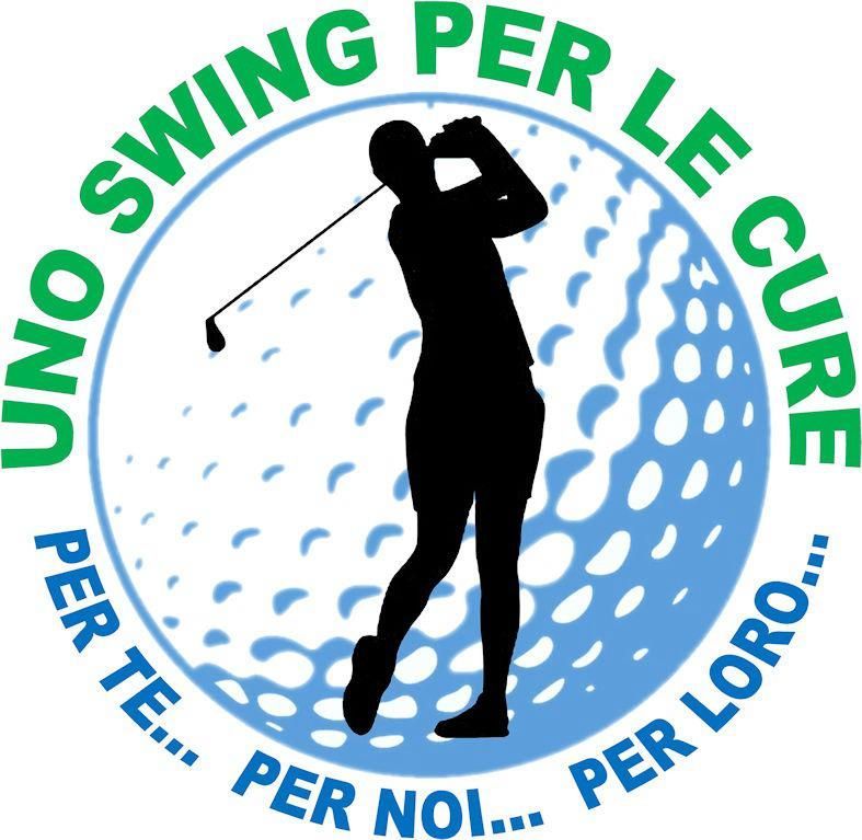 Logo con silhouette nera di un golfista sopra una pallina da golf blu, testo verde e blu con la scritta 
