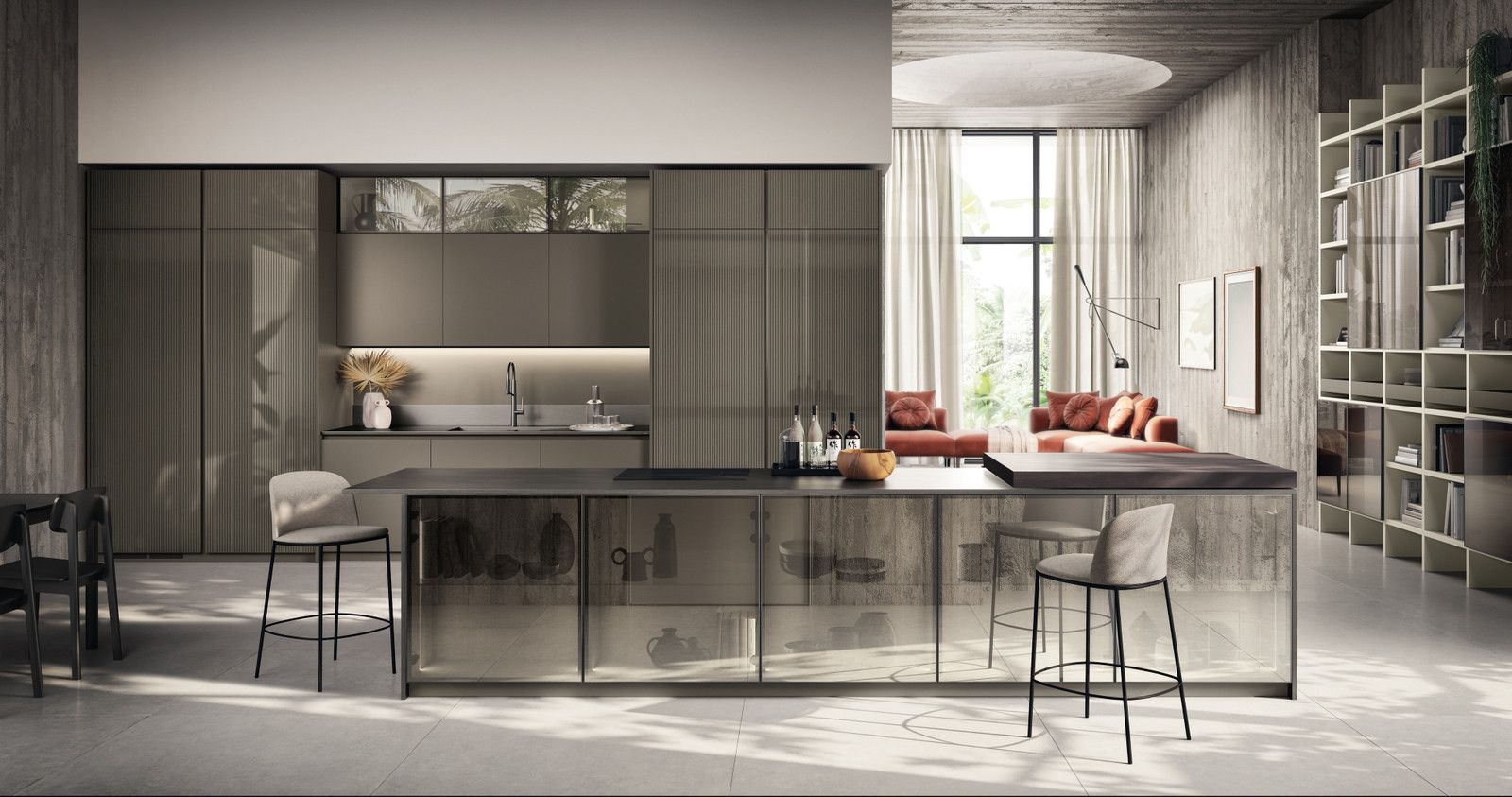 Cucina moderna con mobili scuri, isola in marmo, sgabelli e ampia finestra in un elegante interno grigio.