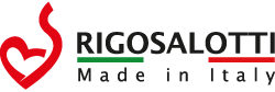 Logo Rigosalotti con contorno a forma di cuore rosso e scritta “Made in Italy” su sfondo bianco.