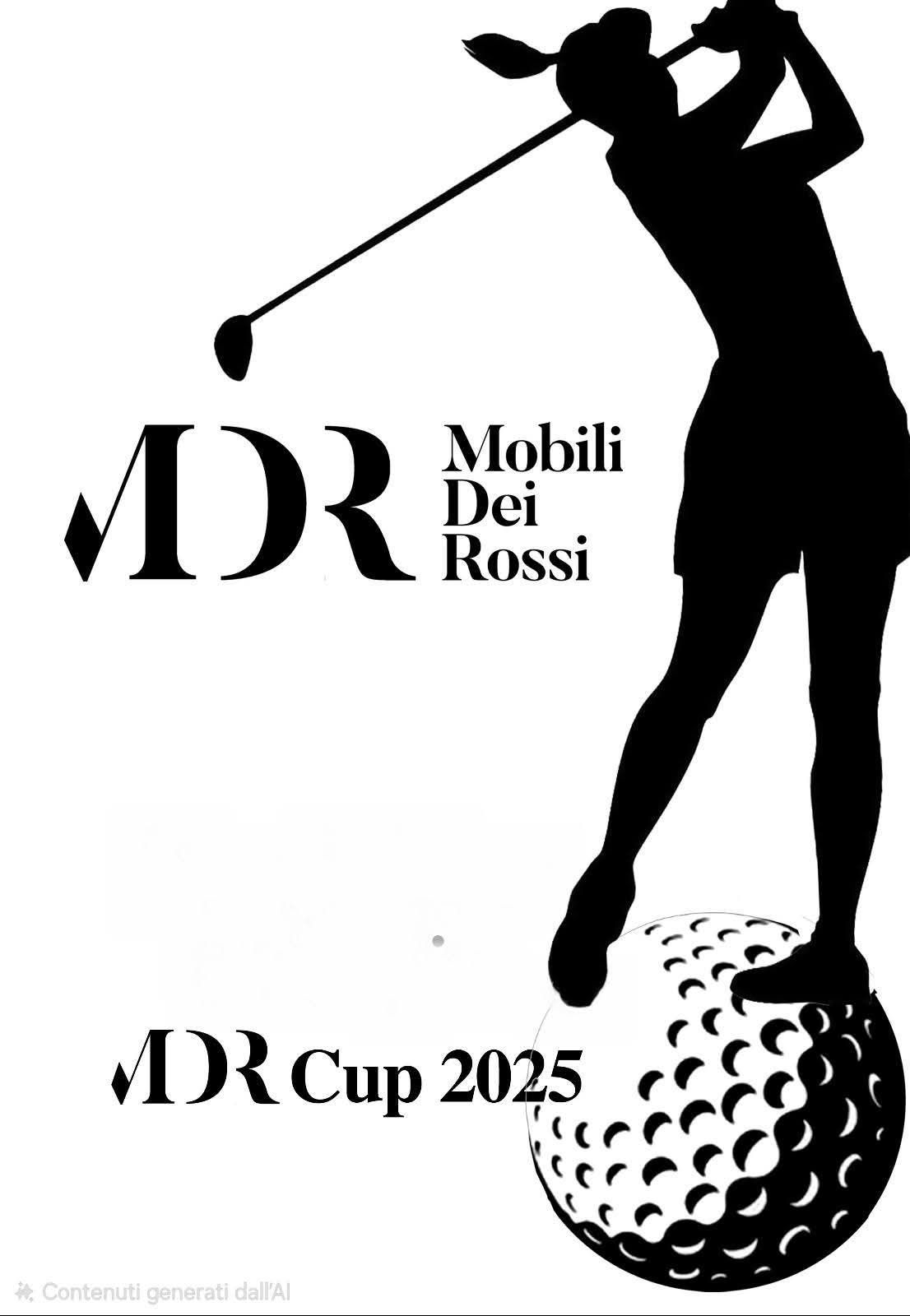 Silhouette di un golfista che esegue uno swing sopra una pallina da golf con le scritte “MDR Mobil dei Rossi” e “MDR Cup 2025”.