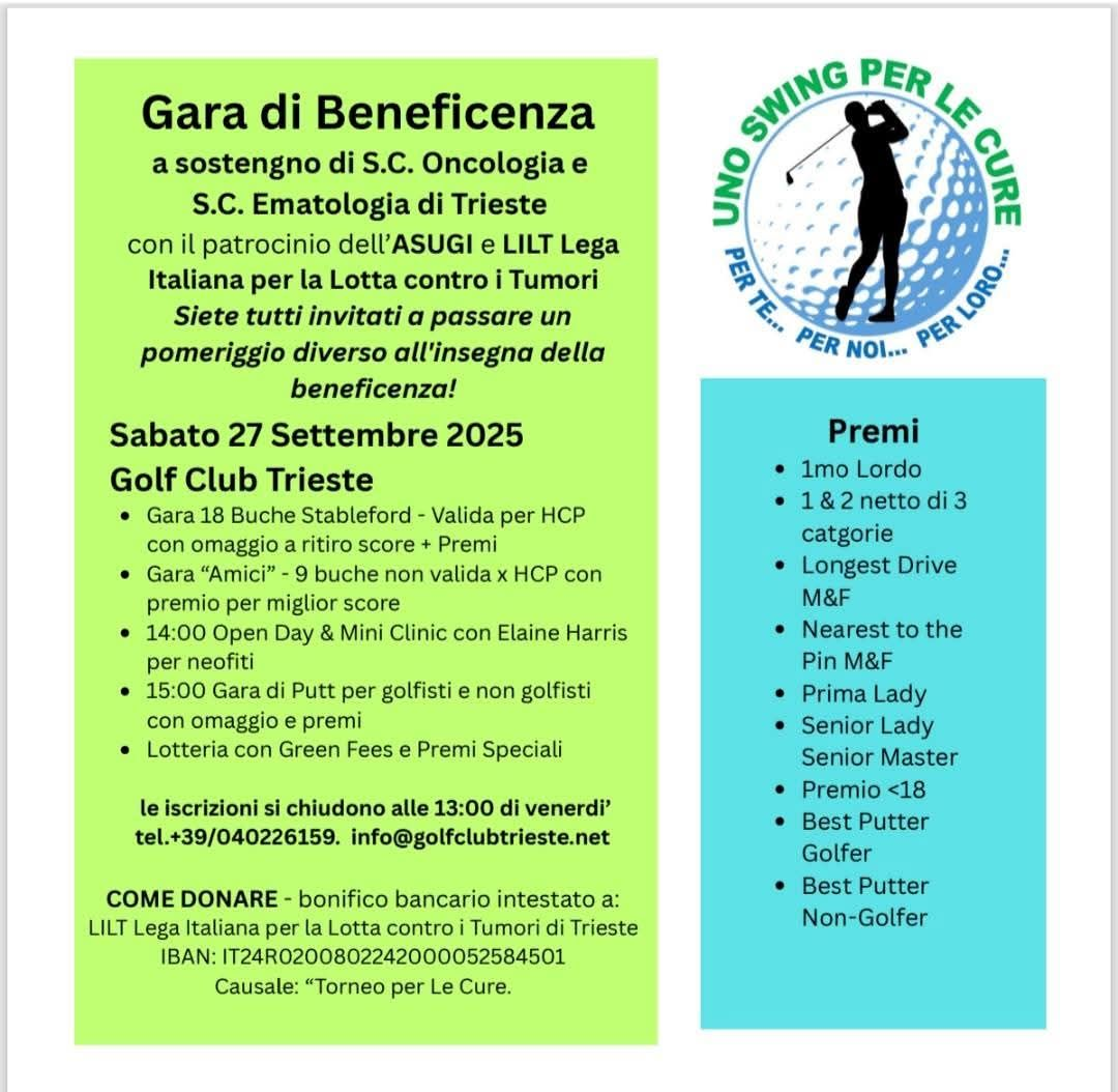 Manifesto in italiano per un evento di beneficenza di golf, con sezioni verdi e blu e il logo di un golfista.